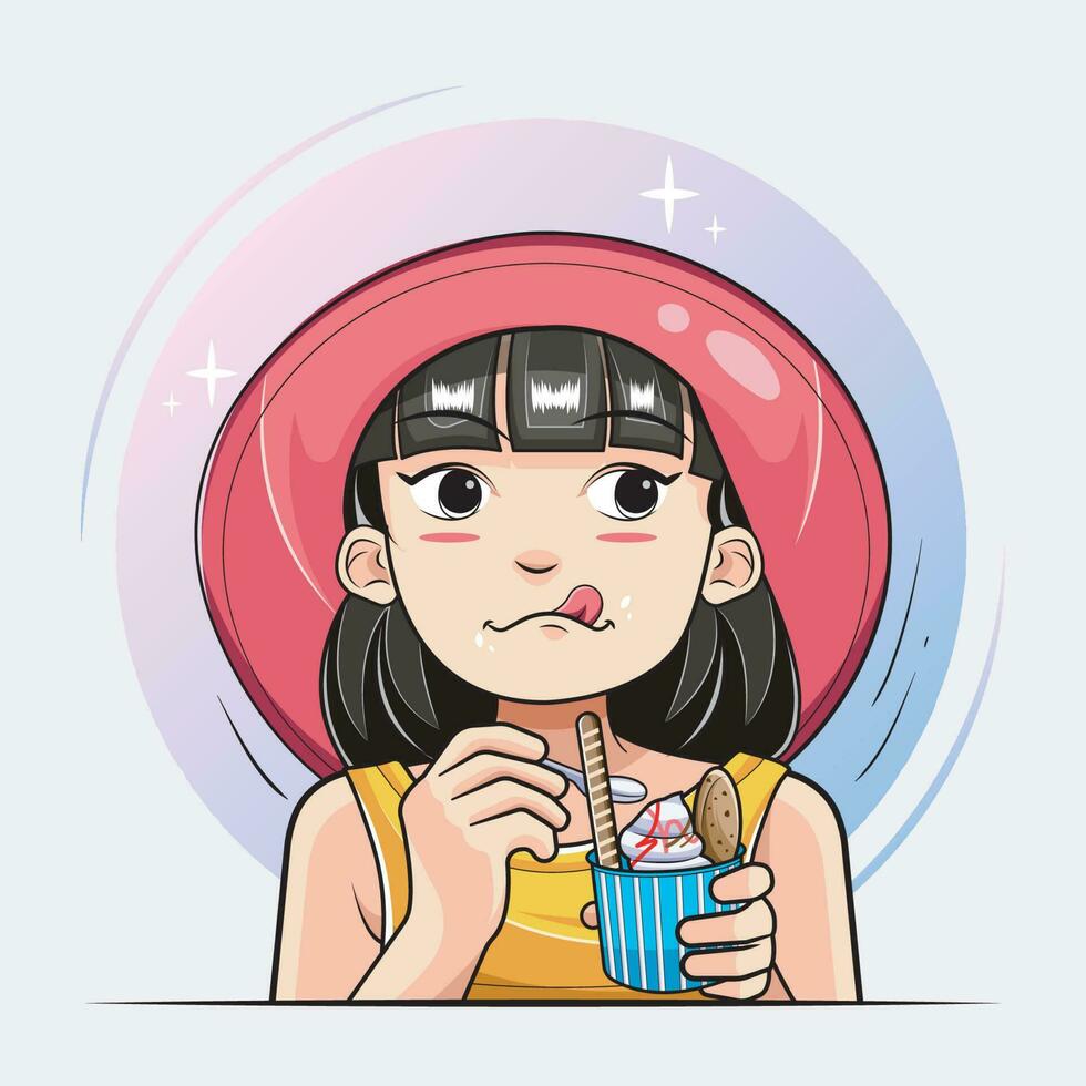 Hallo zomer. schattig meisje aan het eten ijs room vector illustratie pro downloaden