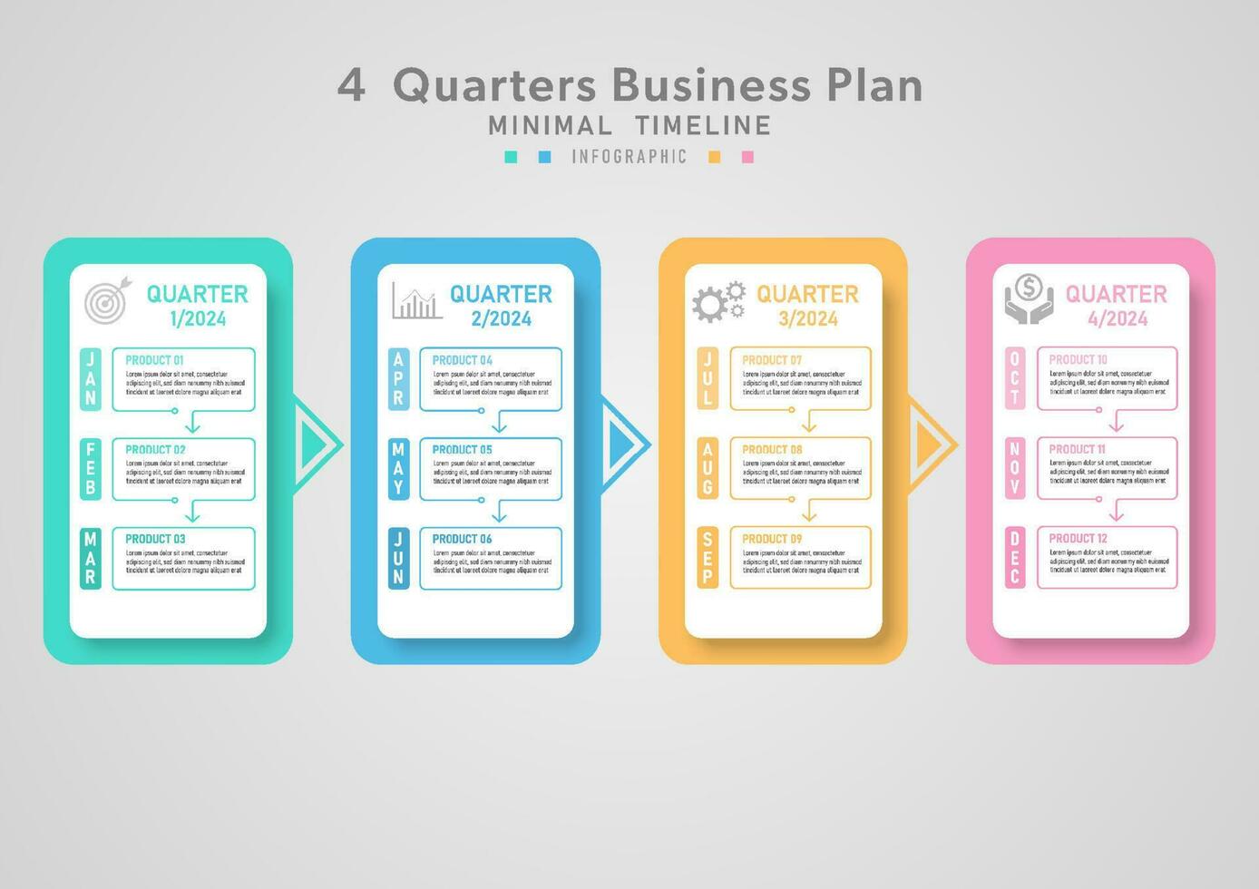 minimaal infographics bedrijf groei planning 4 kwartaal tijdlijn veelkleurig door maand voor investering, marketing, financiën, Product, project grijs helling achtergrond vector