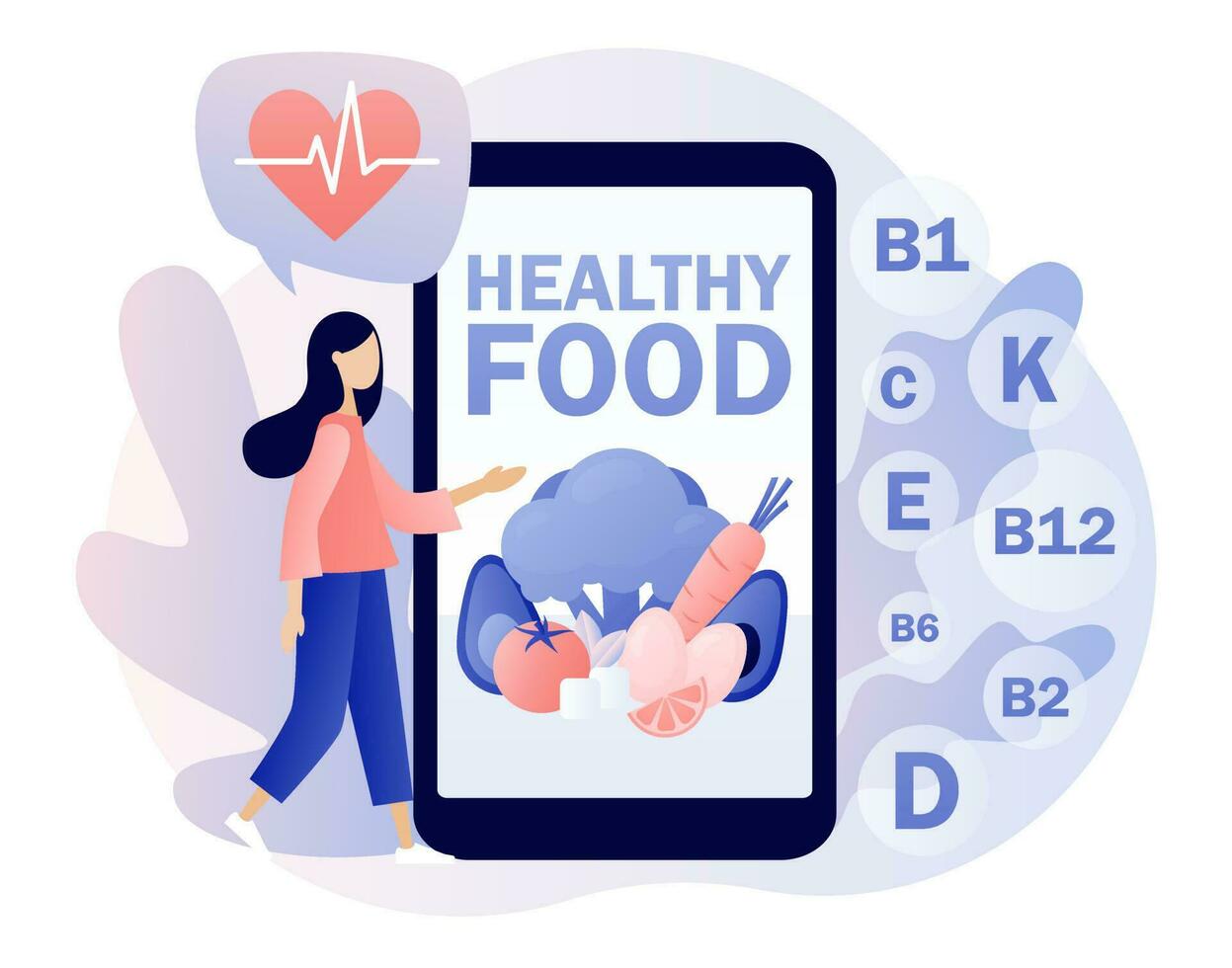 gezond voedsel - tekst Aan smartphone scherm. klein vrouw consumeren gezond biologisch voeding met vitamines. voedingsdeskundige online. modern vlak tekenfilm stijl. vector illustratie Aan wit achtergrond