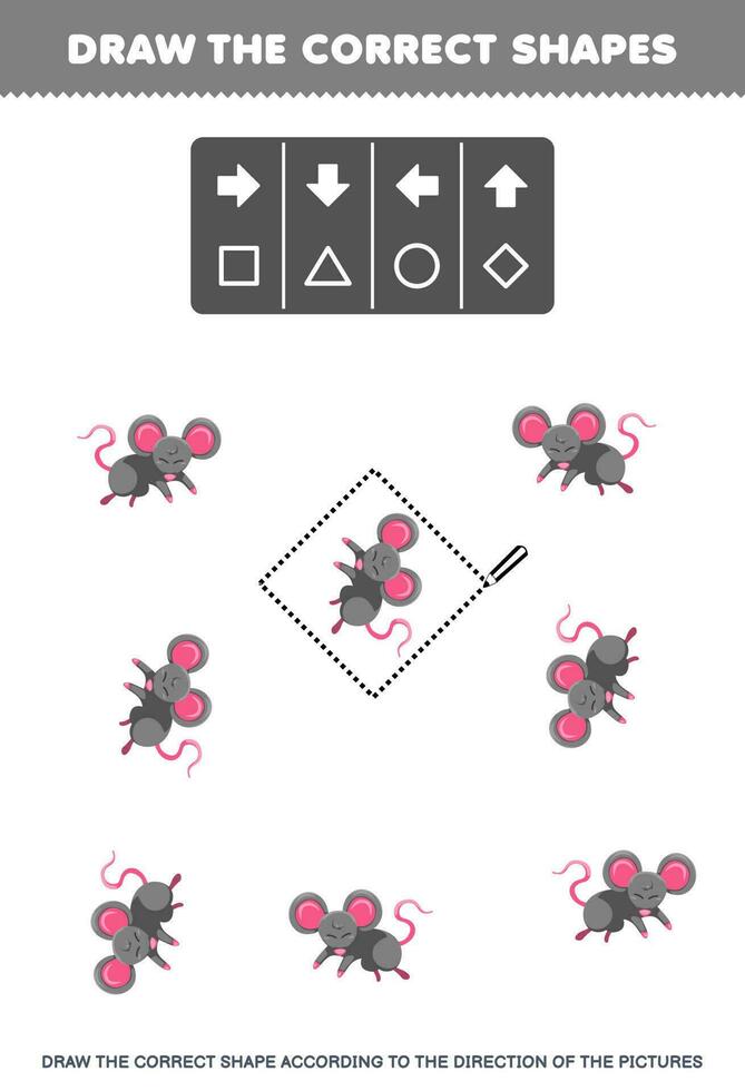 onderwijs spel voor kinderen trek de correct vorm volgens naar de richting van schattig tekenfilm muis afbeeldingen afdrukbare dier werkblad vector
