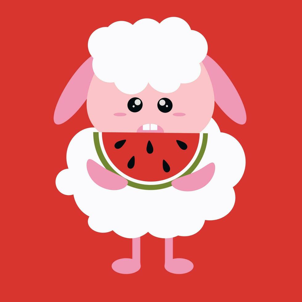 schattig gemakkelijk tekenfilm wit pluizig schapen met een stuk van watermeloen in haar poten Aan een rood achtergrond voor kinderen. schattig gemakkelijk ansichtkaart met weinig schapen vector