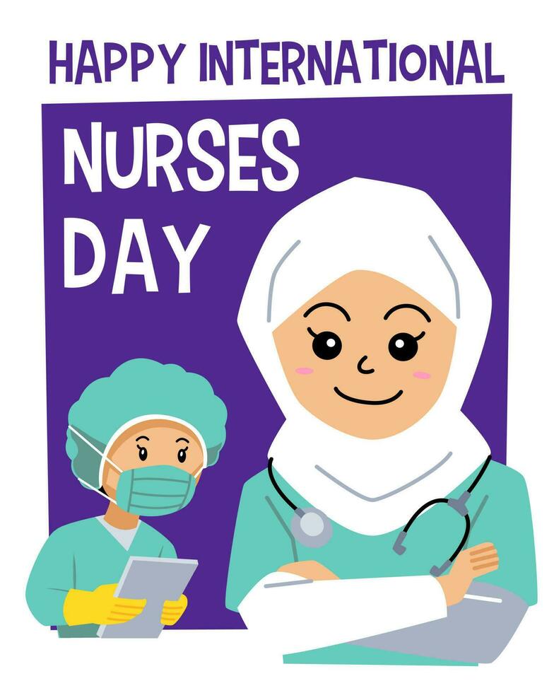 ontwerp voor Internationale verpleegsters dag met illustratie van een verpleegster in hoofddoek op zoek schattig tekenfilm glimlach vector