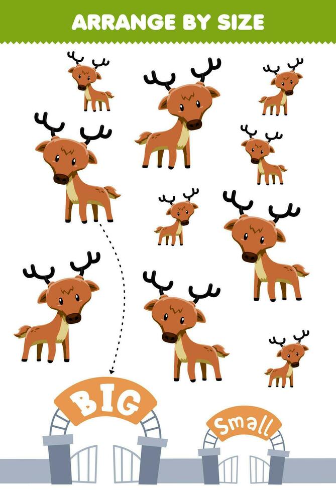onderwijs spel voor kinderen regelen door grootte groot of klein van schattig tekenfilm hert afdrukbare dier werkblad vector
