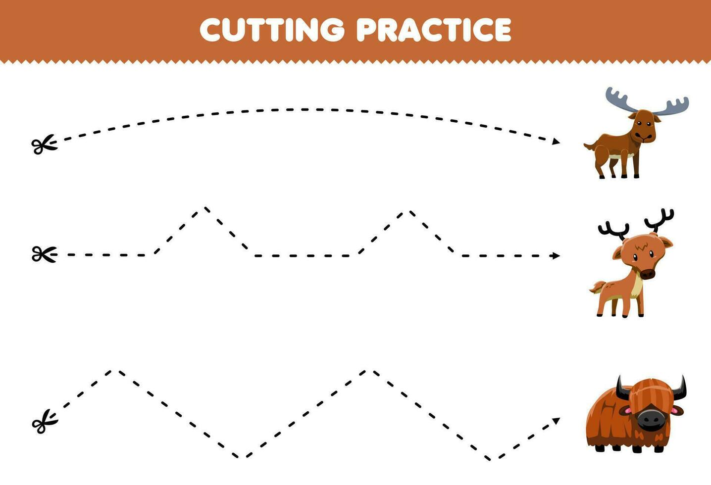 onderwijs spel voor kinderen snijdend praktijk met schattig tekenfilm eland hert jak afbeelding afdrukbare dier werkblad vector