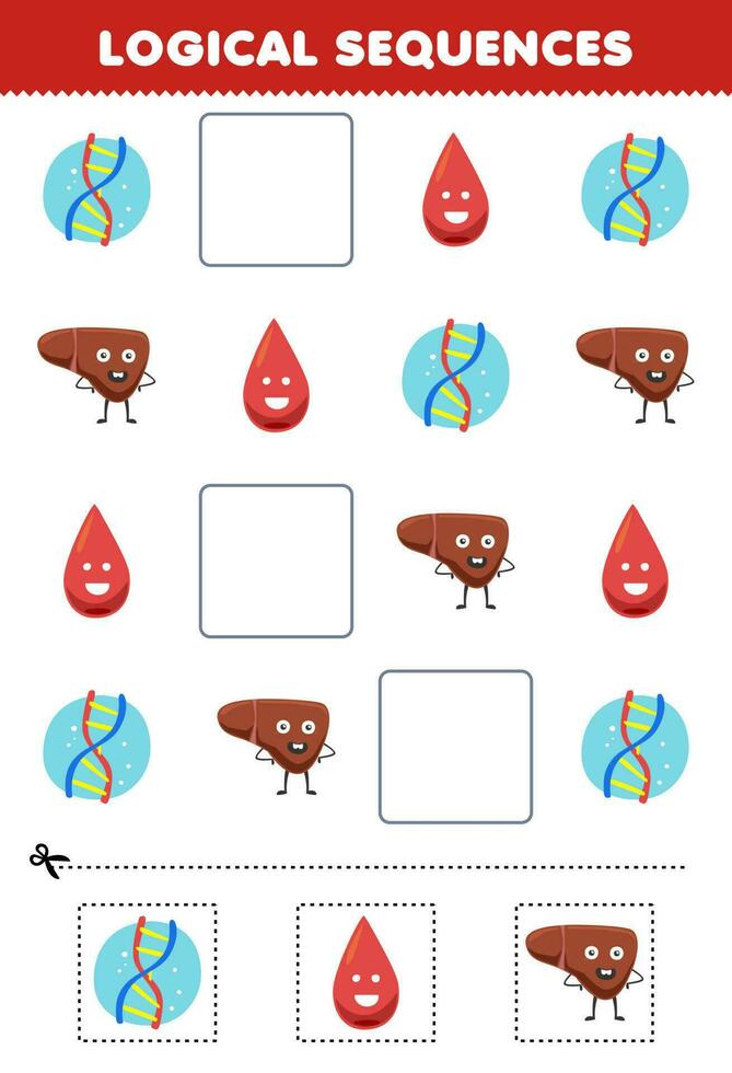 onderwijs spel voor kinderen logisch opeenvolgingen voor kinderen met schattig tekenfilm dna bloed lever afdrukbare anatomie werkblad vector