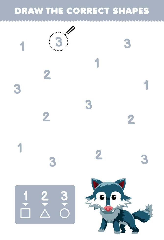 onderwijs spel voor kinderen helpen schattig tekenfilm wolf trek de correct vormen volgens naar de aantal afdrukbare dier werkblad vector