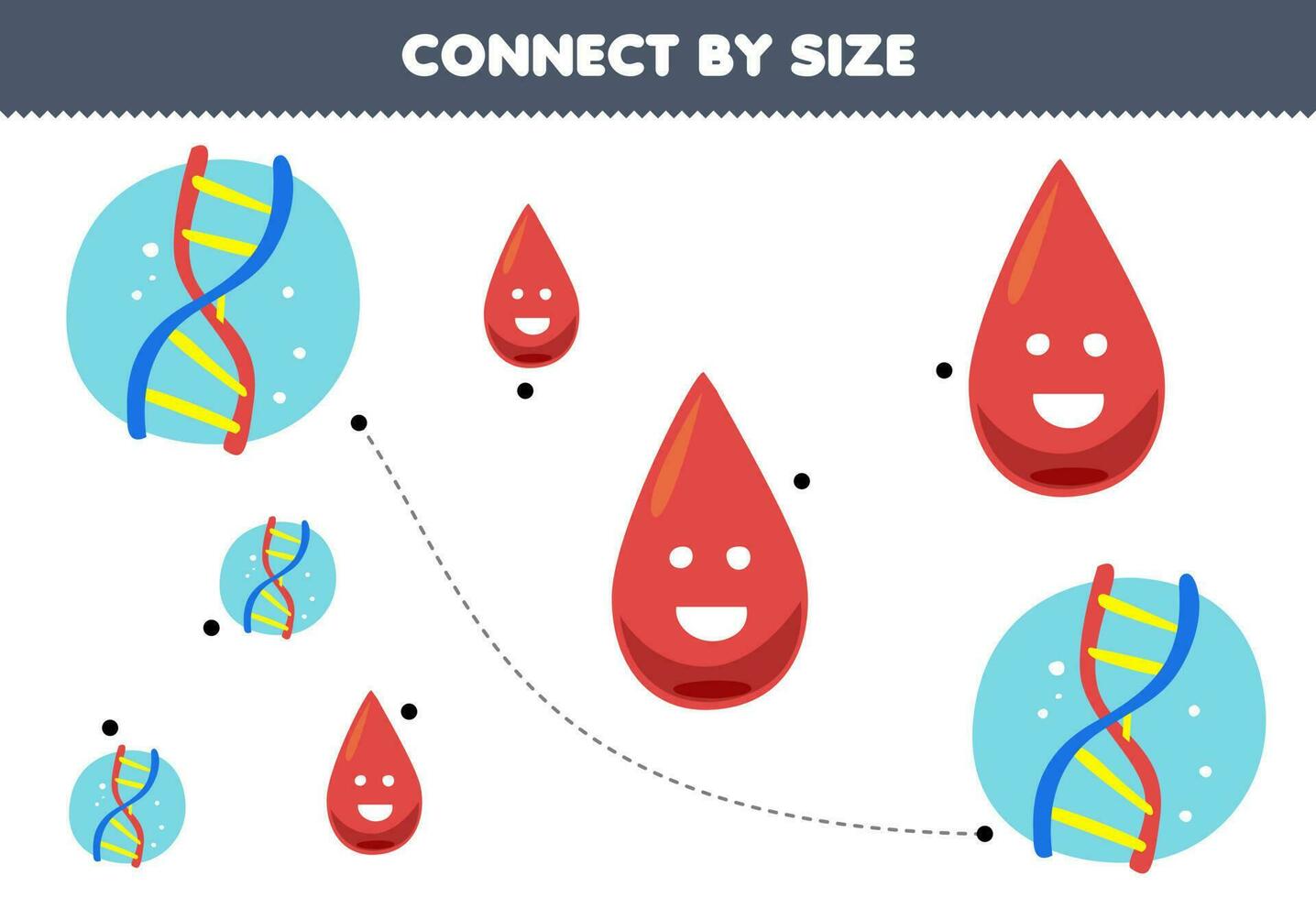 leerzaam spel voor kinderen aansluiten door de grootte van schattig tekenfilm bloed en dna afdrukbare anatomie werkblad vector