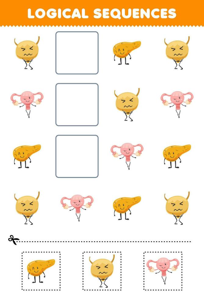 onderwijs spel voor kinderen logisch opeenvolgingen voor kinderen met schattig tekenfilm alvleesklier blaas baarmoeder afdrukbare anatomie werkblad vector