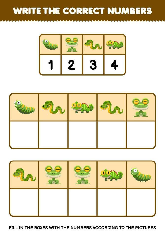 onderwijs spel voor kinderen schrijven de Rechtsaf getallen in de doos volgens naar de schattig tekenfilm rups- kikker slang leguaan Aan de tafel afdrukbare dier werkblad vector