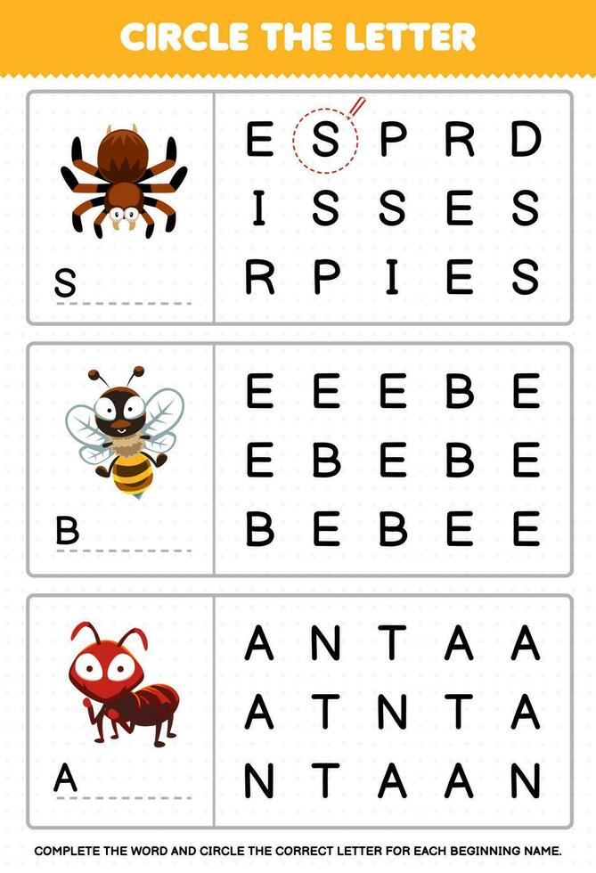 onderwijs spel voor kinderen cirkel de begin brief van schattig tekenfilm spin bij mier afdrukbare dier werkblad vector