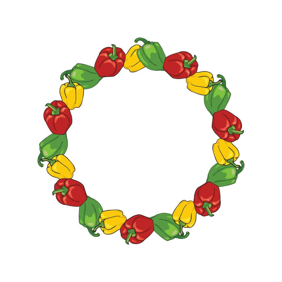 circulaire kader met paprika's van verschillend kleuren. helder groenten circulaire krans voor etiketten, spandoeken, en stickers. vector