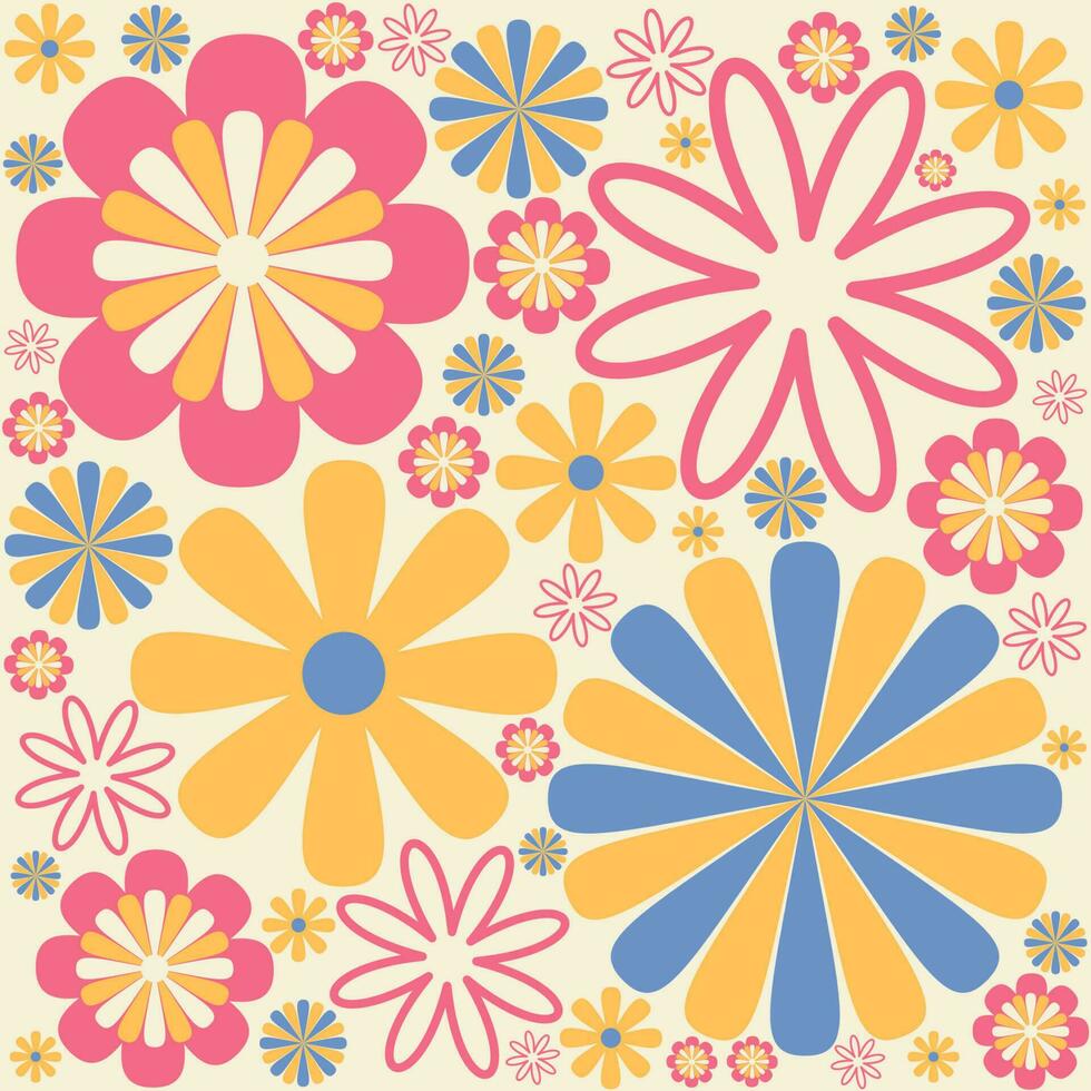 kleurrijk Jaren 60 -jaren 70 stijl retro hand- getrokken bloemen patroon. roze en geel bloemen. wijnoogst naadloos vector achtergrond. hippie stijl, afdrukken voor kleding stof, zwempak, mode prints en oppervlakte ontwerp.