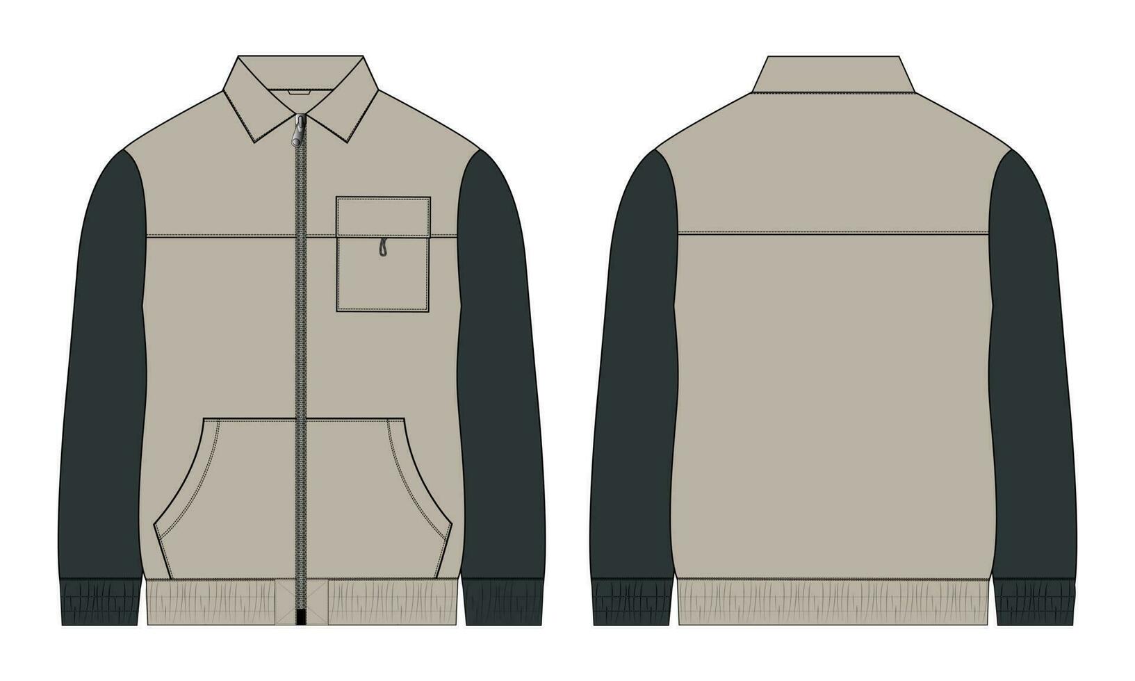 twee toon kleur lang mouw jasje met zak- en rits technisch mode vlak schetsen vector illustratie sjabloon voorkant en terug keer bekeken.