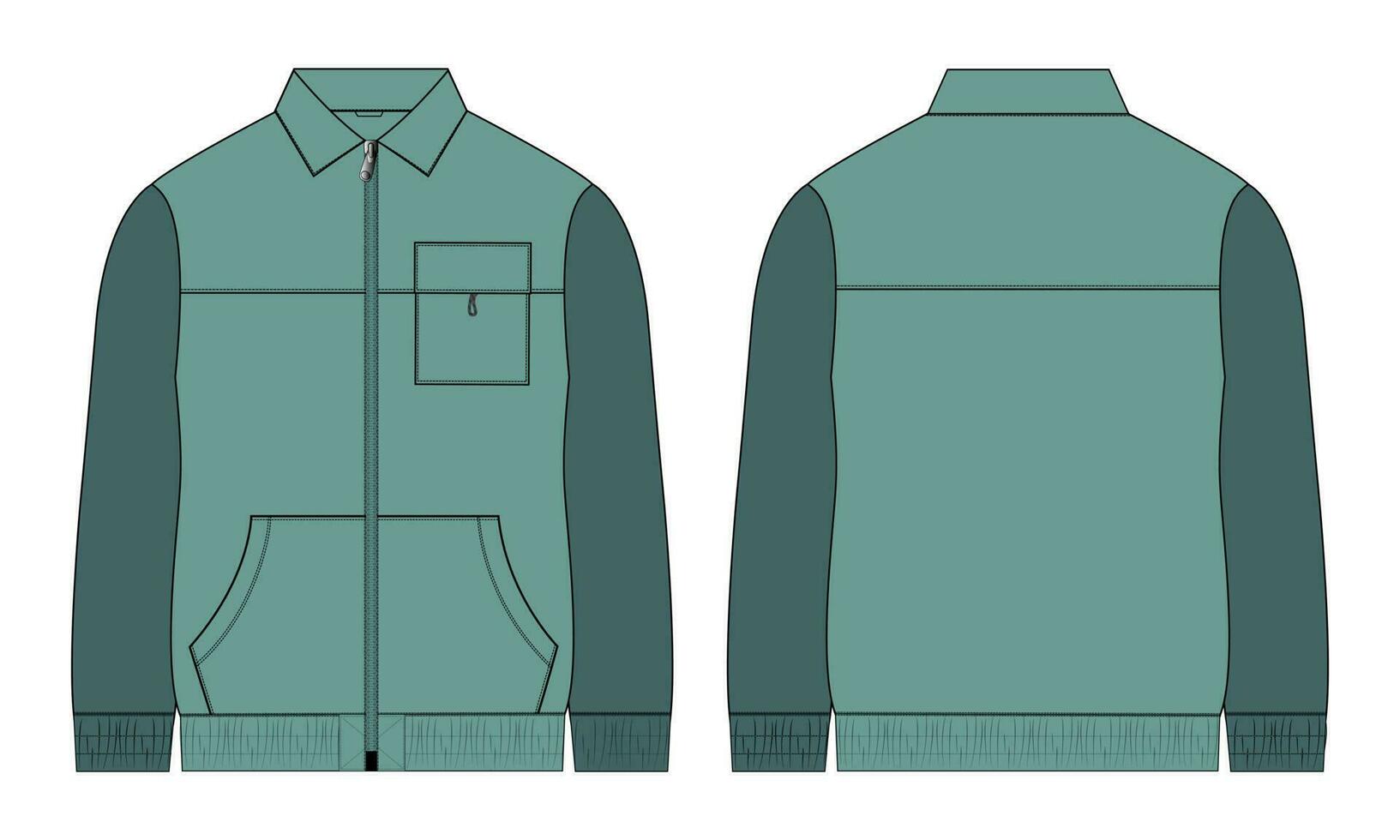 twee toon kleur lang mouw jasje met zak- en rits technisch mode vlak schetsen vector illustratie sjabloon voorkant en terug keer bekeken.