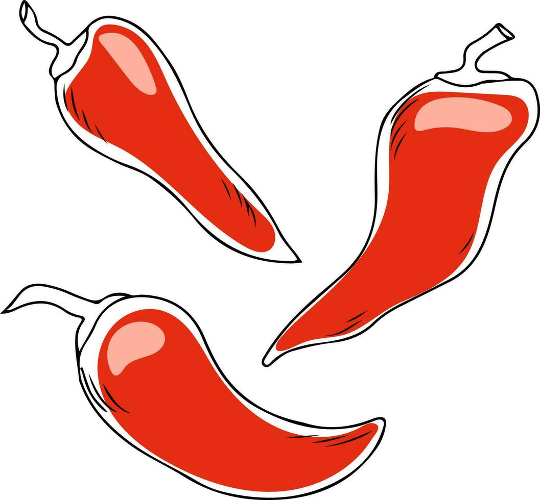 lijn kunst stijl reeks van drie rood Chili paprika's zwart schets Aan wit achtergrond vector