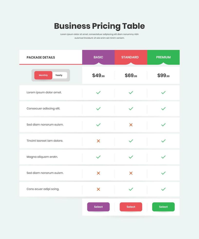 professioneel bedrijf pakket lijst en abonnement plan prijzen tafel ontwerp vector