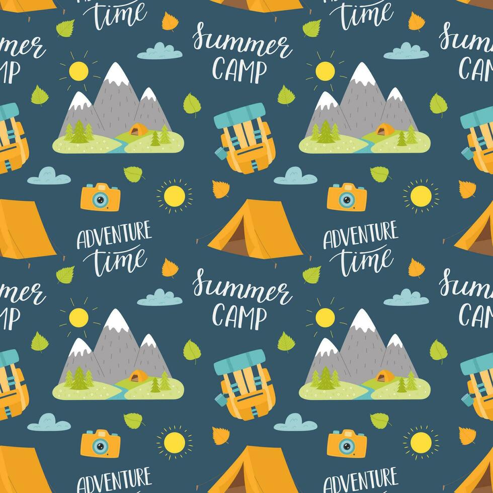 reis, camping naadloos patroon. tekenfilm hand- getrokken wandelen elementen en belettering. kleur backdrop voor website, banier, omslag, textiel, verpakking ontwerp. vector illustratie Aan donker blauw