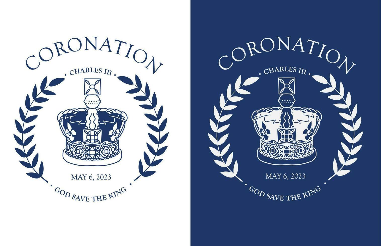 blauw en wit poster met een Koninklijk kroon en een leuze god opslaan de koning. de kroon is de symbool van nieuw koning Gezag en stroom. vector vlak monochroom illustratie.