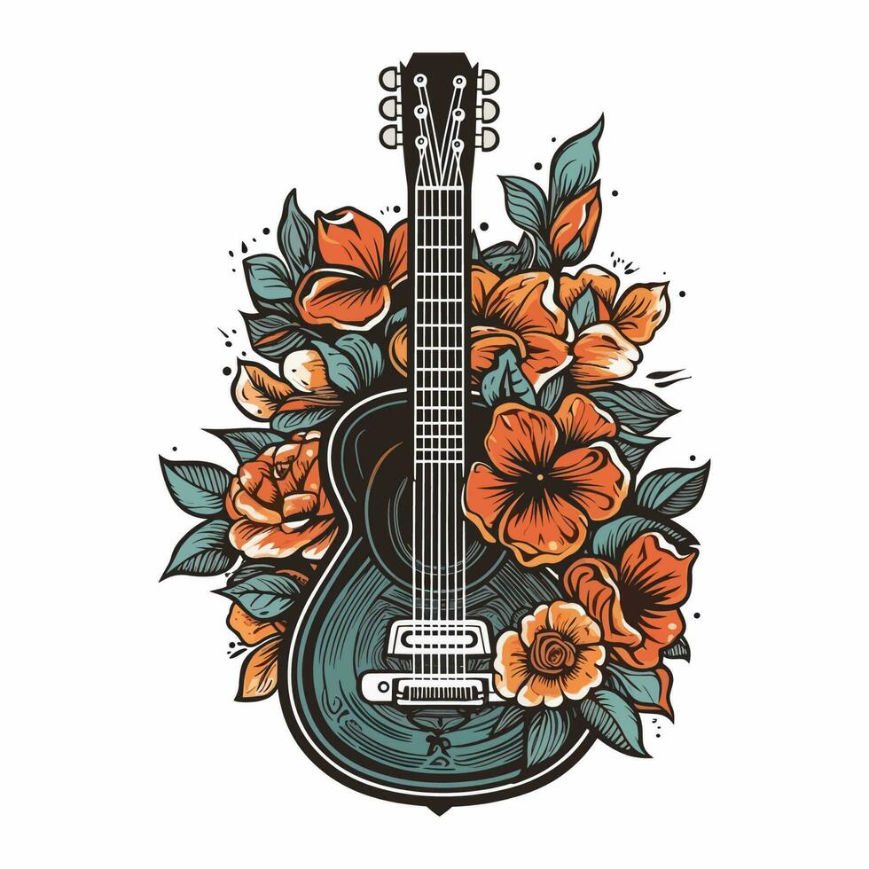 een gitaar en bloemen komen samen in deze logo ontwerp, creëren een harmonisch en elegant beeld voor een muziek- of natuur geïnspireerd merk vector