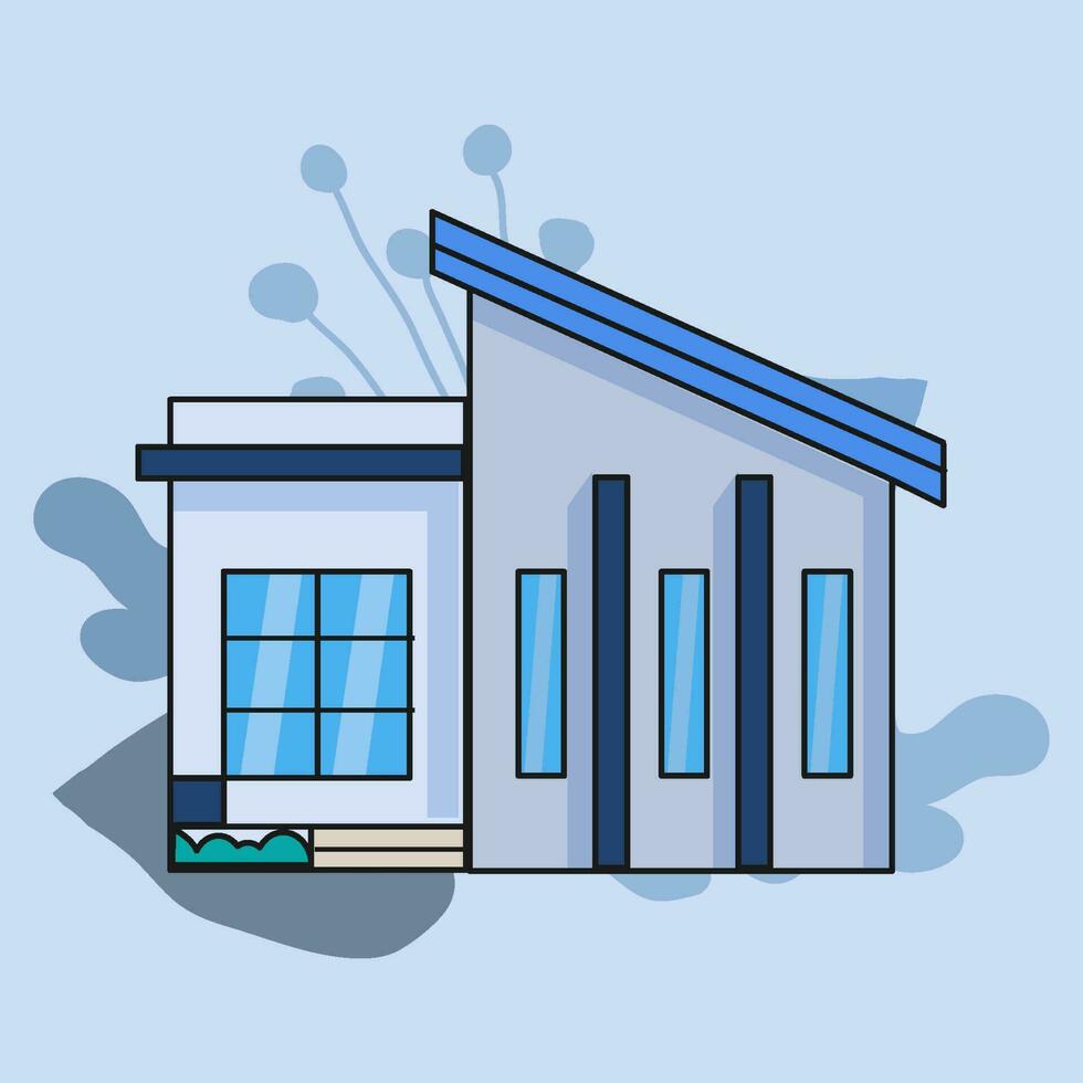 gemakkelijk huis geïsoleerd vector. blauw thema kleur, zwart hartinfarct, blad vorm achtergrond. single stedelijk residentie vector illustratie.