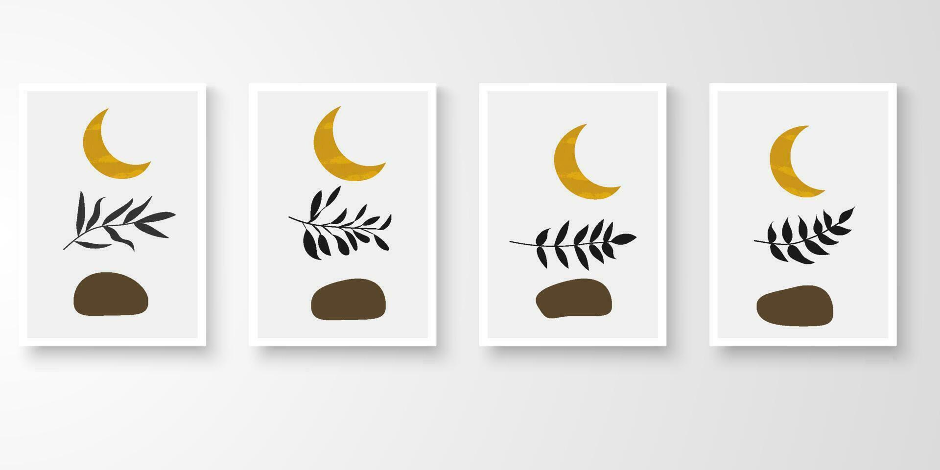 set van kunst aan de muur in witte frames.foliage lijntekeningen tekenen met abstracte organische vorm samenstelling aarde toon. cresendo maan, blad, stenen kunst vectorillustratie. vector