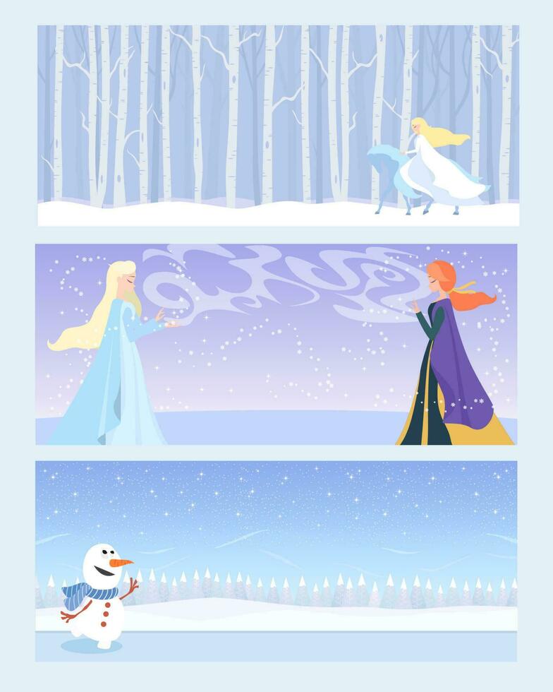 tweeling prinses zussen en een sneeuwman in winter koninkrijk banier sjabloon vector