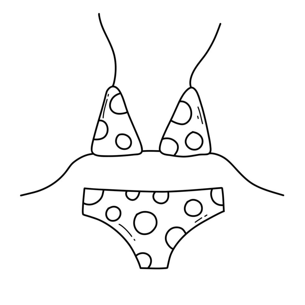 Dames zwempak in tekening stijl. vector illustratie. lineair stijl. beha en slips met polka stippen.