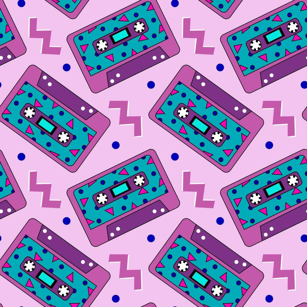 retro cassette Purper patroon. naadloos wijnoogst 90s partij patroon, muziek- audio cassette, analoog 80s stereo cassette bandje vector illustratie achtergrond met abstract elementen.