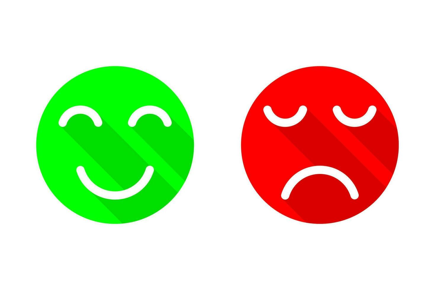 Ja - Nee of reeks van glimlach emoticons vlak vector icoon. gelukkig en ongelukkig smileys. groen en rood kleur met lang schaduw