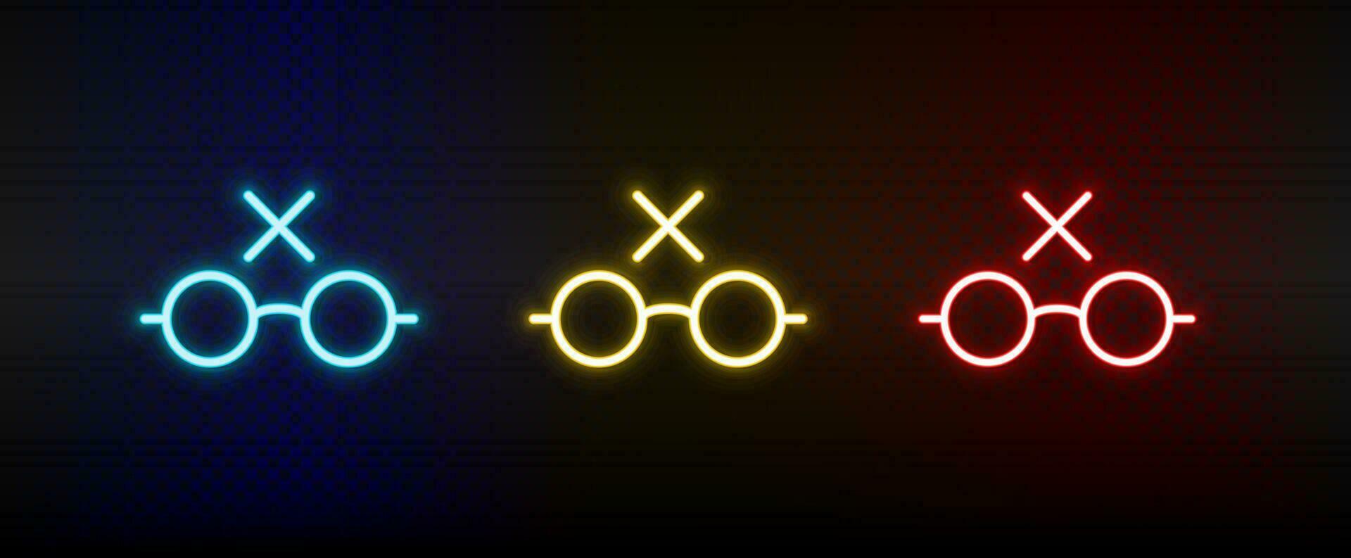 bril, markering, Ongelezen neon icoon set. reeks van rood, blauw, geel neon vector icoon Aan donker.
