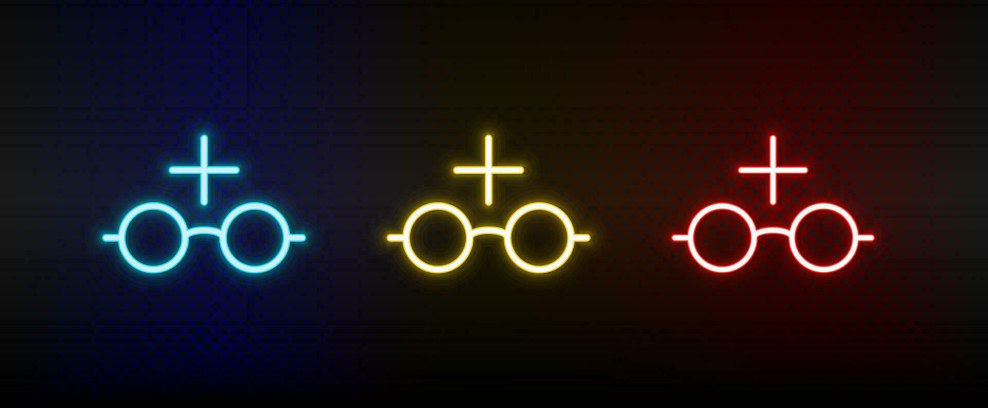 bril, markering, lezen neon icoon set. reeks van rood, blauw, geel neon vector icoon Aan donker.