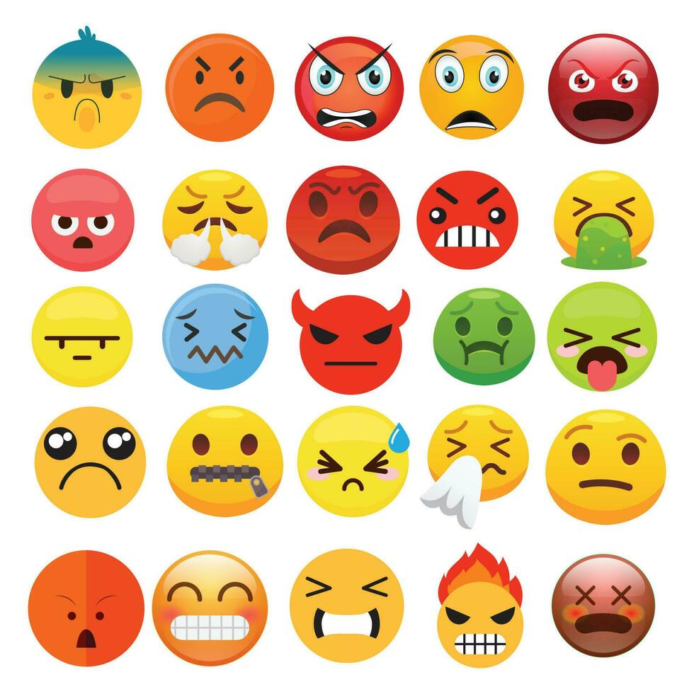 emoji boos vector set. emoji's verdrietig en echt geel gezichten geïsoleerd in wit achtergrond.