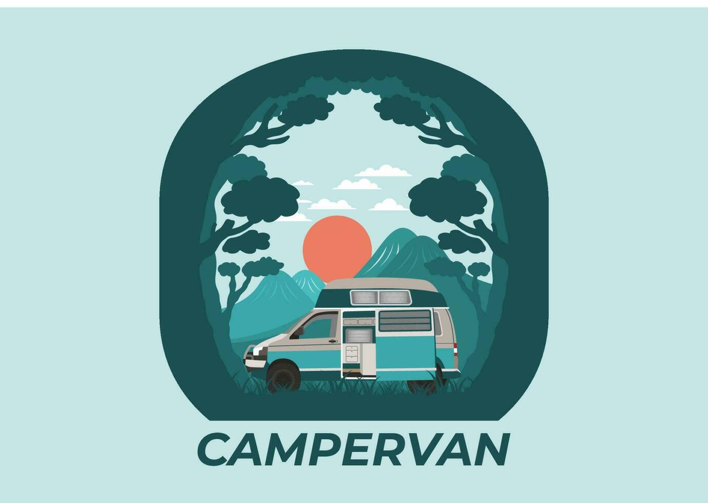 kleurrijk illustratie insigne van camper busje in natuur vector