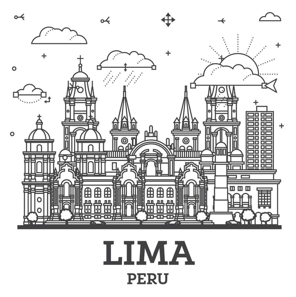 schets lima Peru stad horizon met modern en historisch gebouwen geïsoleerd Aan wit. lima stadsgezicht met oriëntatiepunten. vector