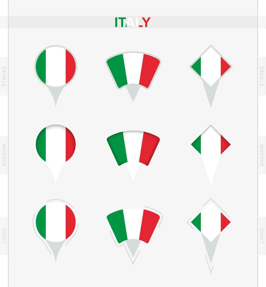 Italië vlag, reeks van plaats pin pictogrammen van Italië vlag. vector