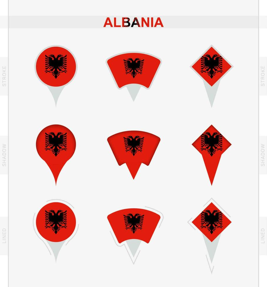 Albanië vlag, reeks van plaats pin pictogrammen van Albanië vlag. vector