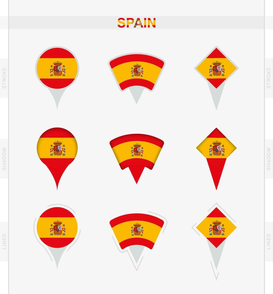 Spanje vlag, reeks van plaats pin pictogrammen van Spanje vlag. vector