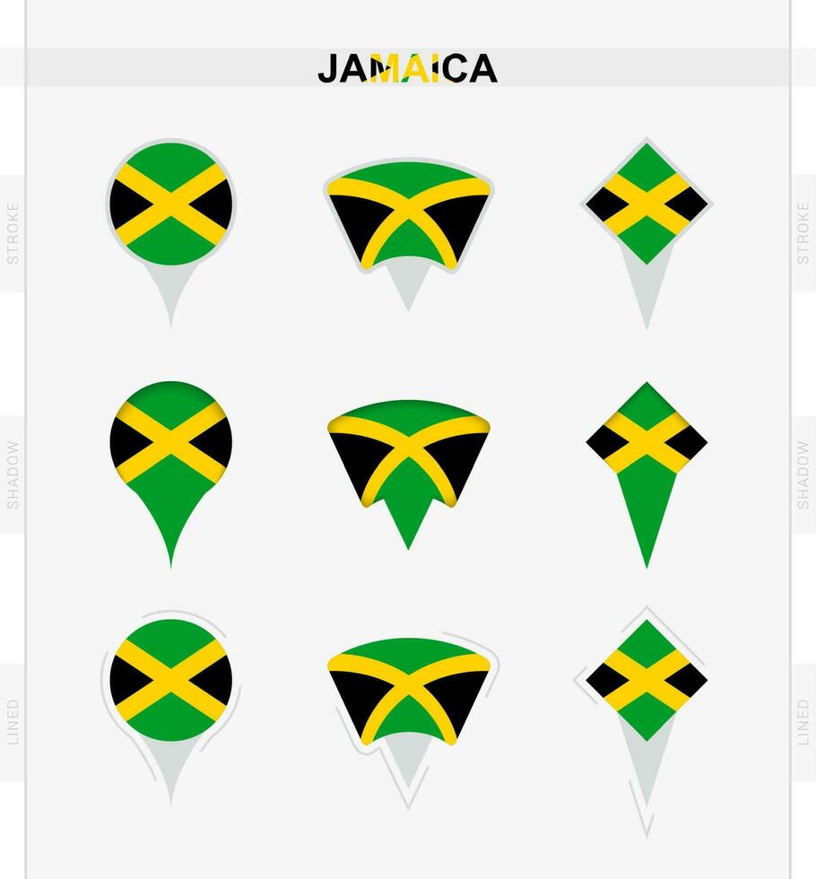 Jamaica vlag, reeks van plaats pin pictogrammen van Jamaica vlag. vector