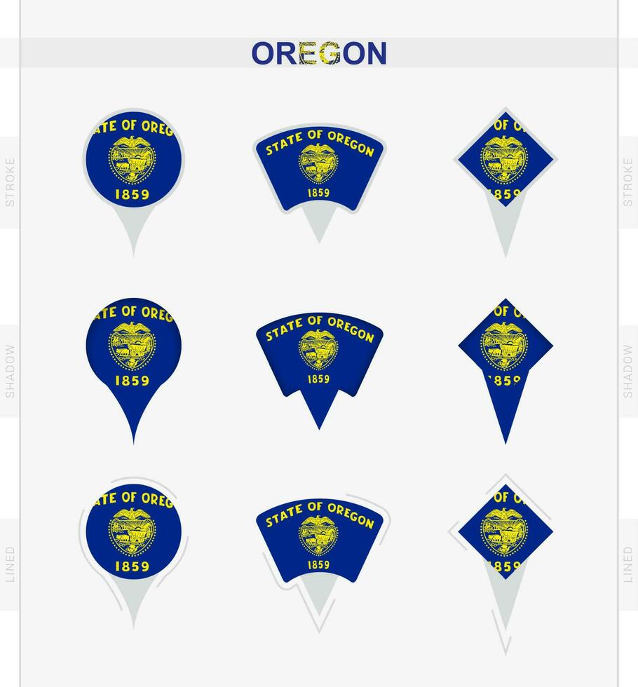 Oregon vlag, reeks van plaats pin pictogrammen van Oregon vlag. vector