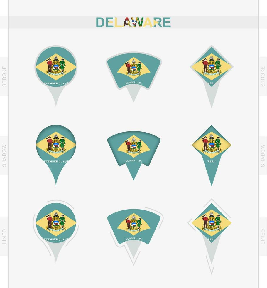 Delaware vlag, reeks van plaats pin pictogrammen van Delaware vlag. vector