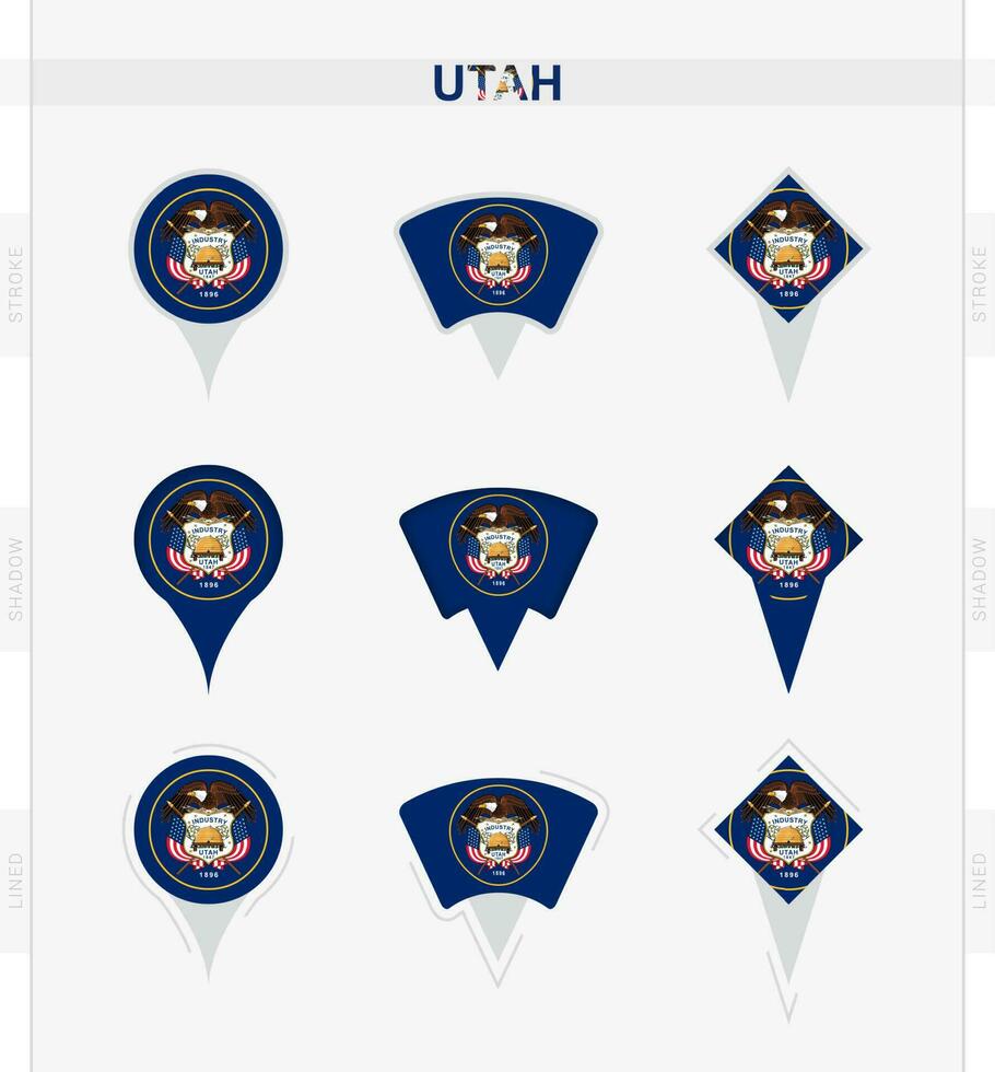 Utah vlag, reeks van plaats pin pictogrammen van Utah vlag. vector