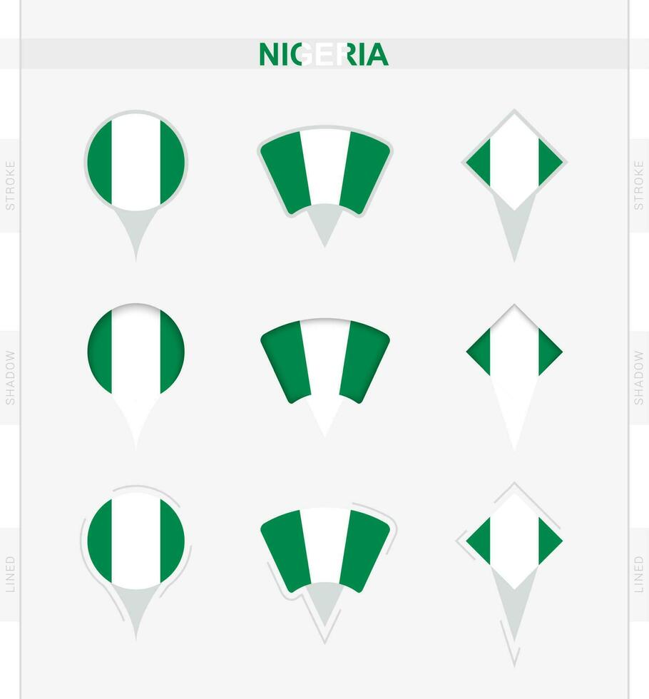 Nigeria vlag, reeks van plaats pin pictogrammen van Nigeria vlag. vector
