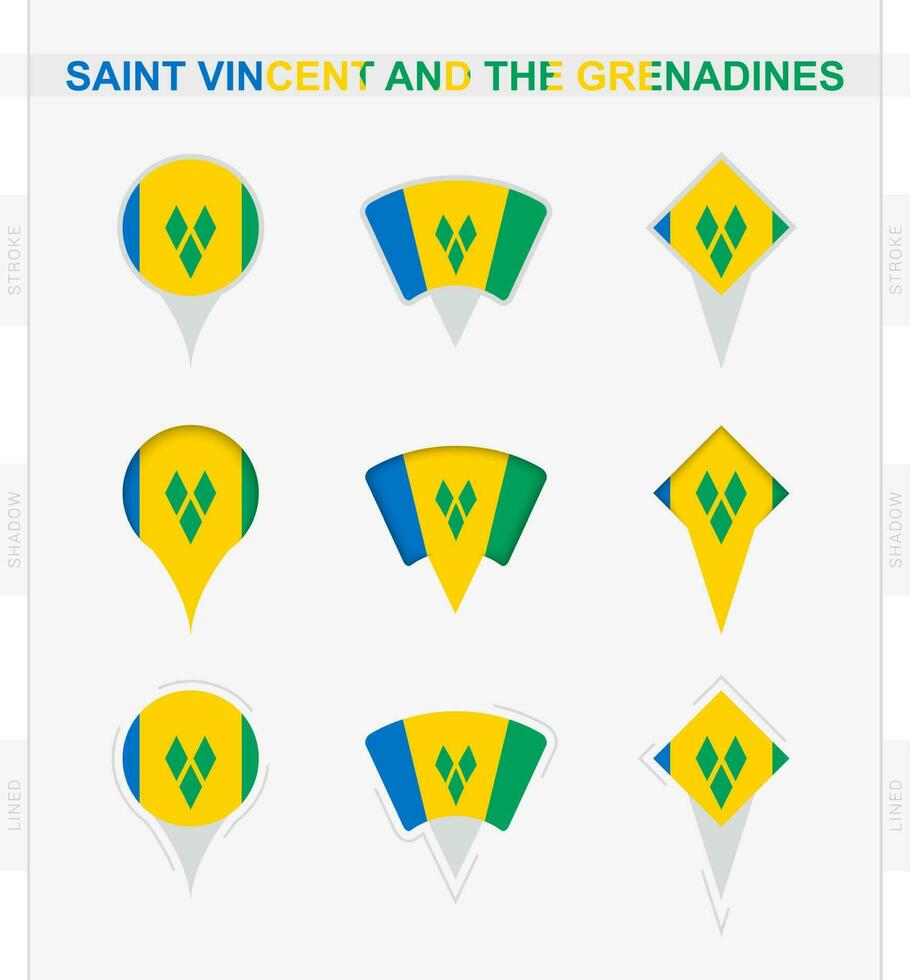 heilige vincent en de grenadines vlag, reeks van plaats pin pictogrammen van heilige vincent en de grenadines vlag. vector