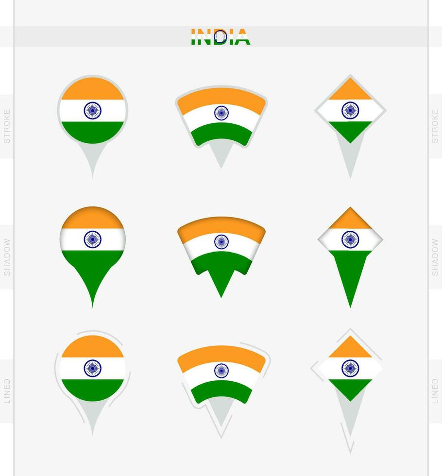 Indië vlag, reeks van plaats pin pictogrammen van Indië vlag. vector