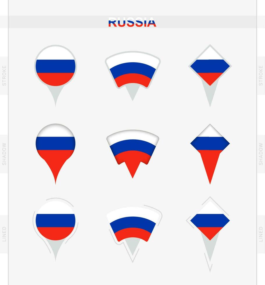 Rusland vlag, reeks van plaats pin pictogrammen van Rusland vlag. vector