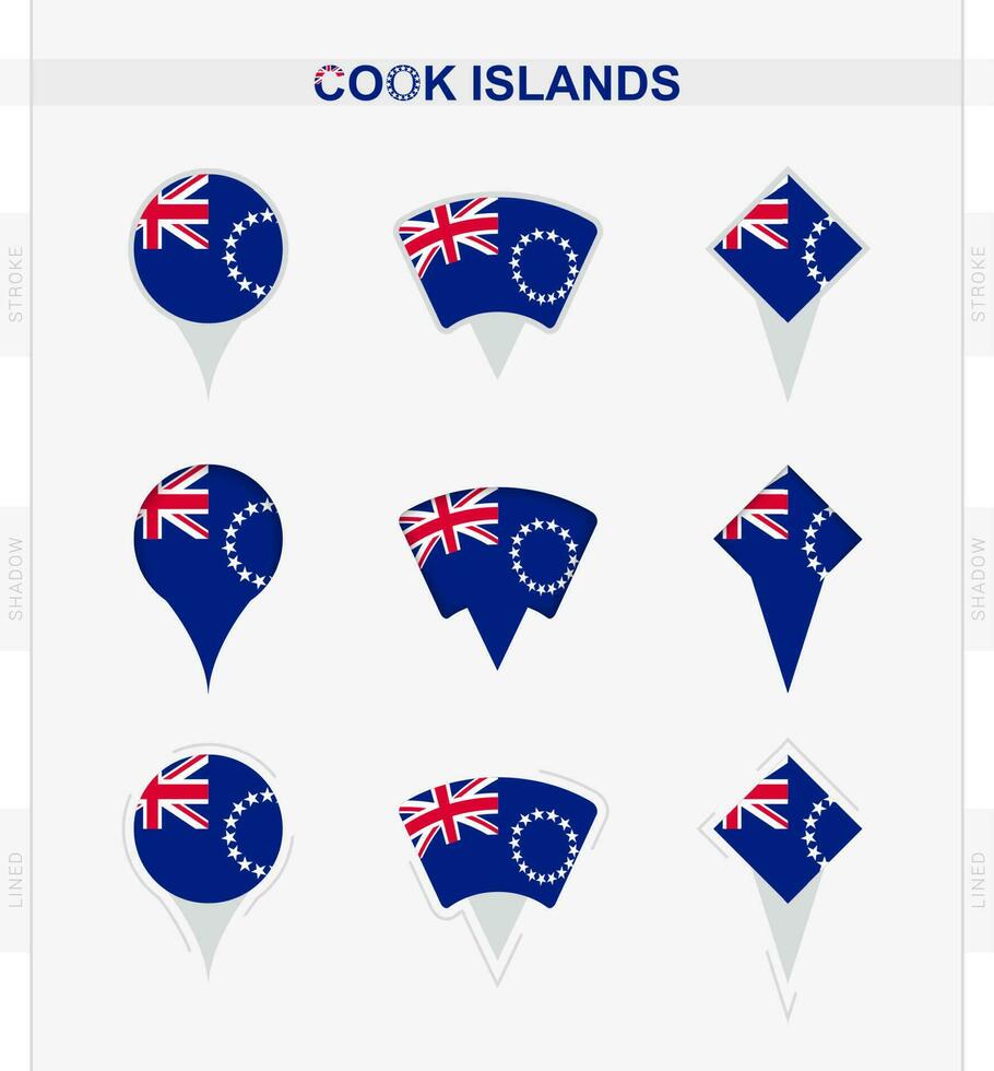 koken eilanden vlag, reeks van plaats pin pictogrammen van koken eilanden vlag. vector