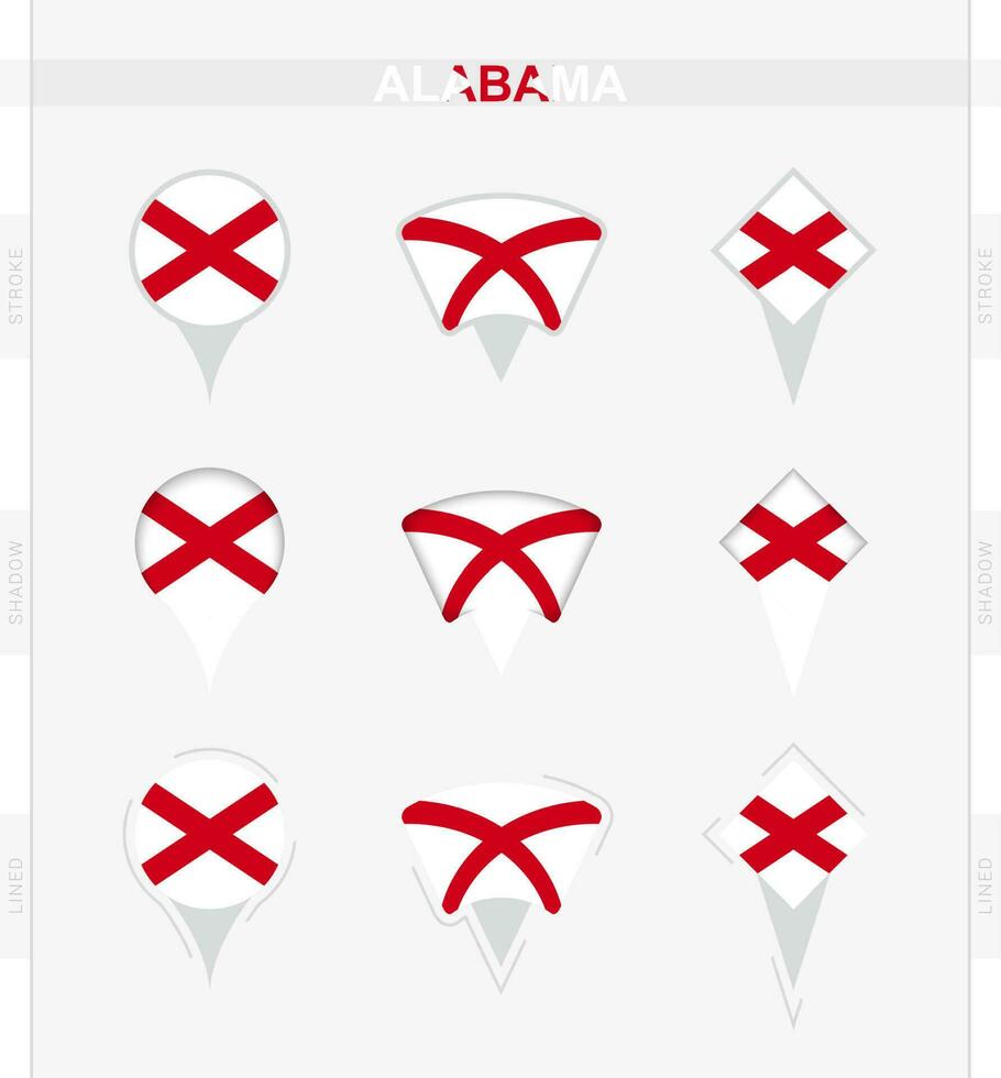 Alabama vlag, reeks van plaats pin pictogrammen van Alabama vlag. vector