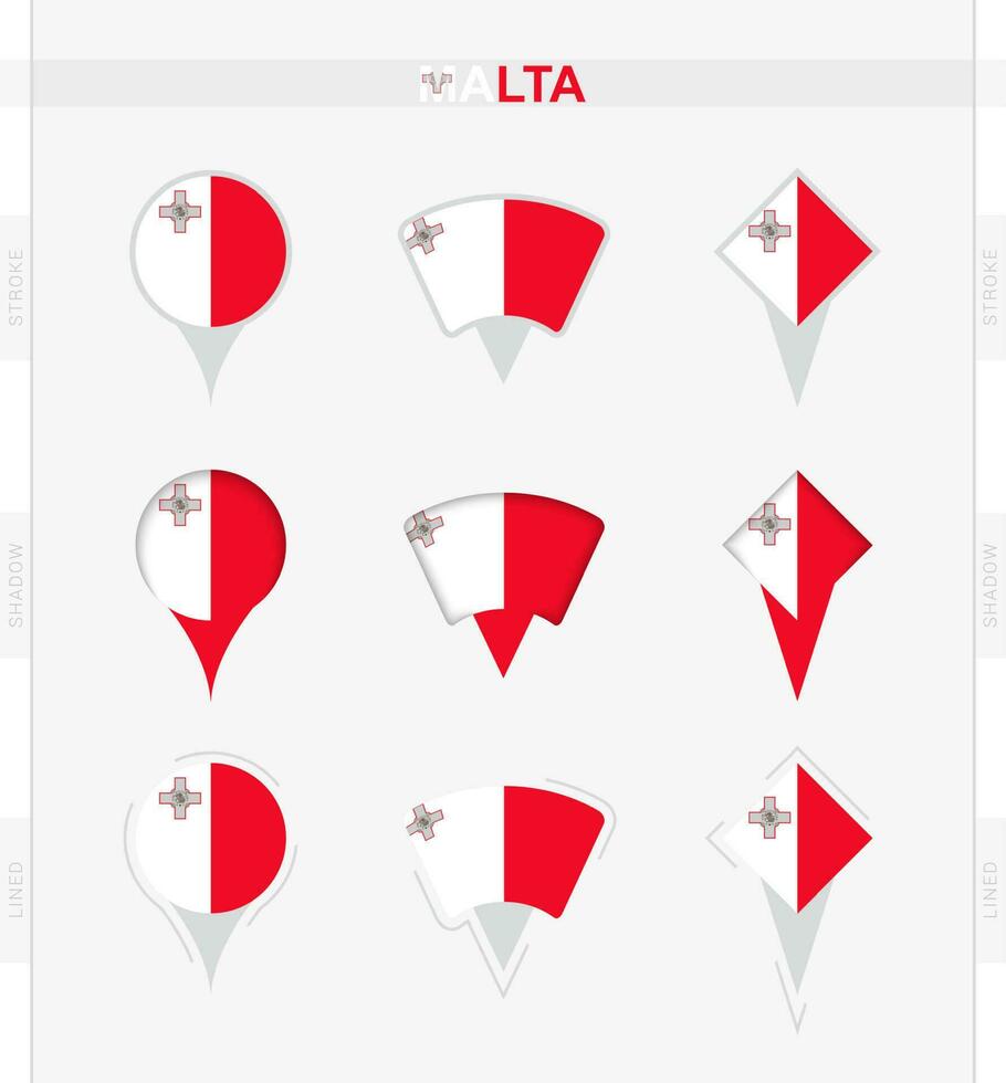 Malta vlag, reeks van plaats pin pictogrammen van Malta vlag. vector