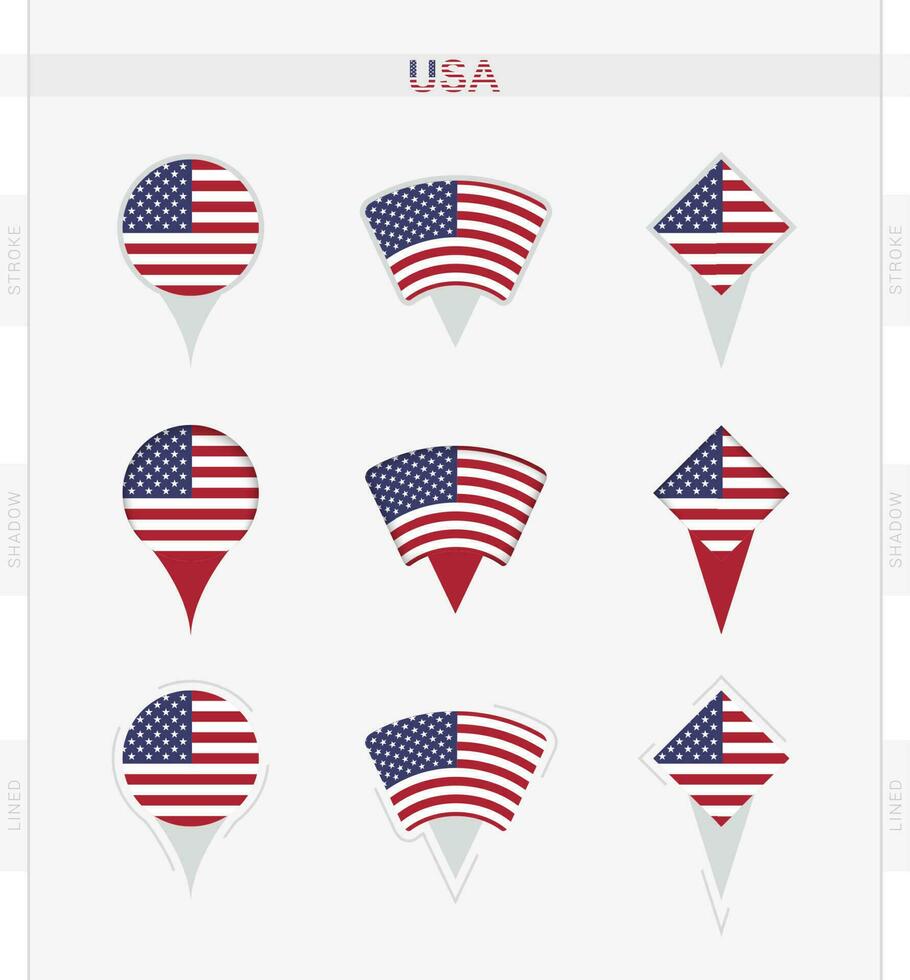 Verenigde Staten van Amerika vlag, reeks van plaats pin pictogrammen van Verenigde Staten van Amerika vlag. vector