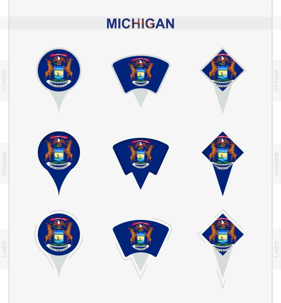 Michigan vlag, reeks van plaats pin pictogrammen van Michigan vlag. vector